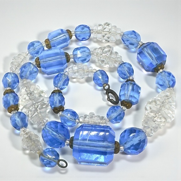 Vintage Art Deco Blue Art Glass & Rock Crystal Necklace - Picture 6 of 14